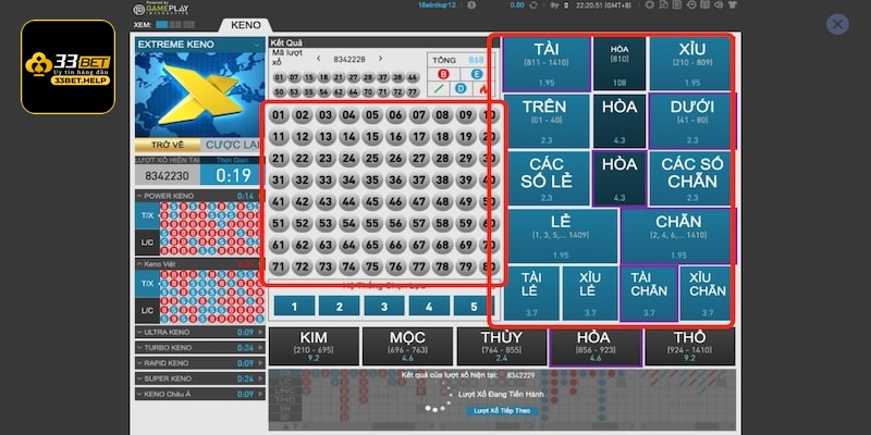Chọn số Keno 33bet siêu đơn giản