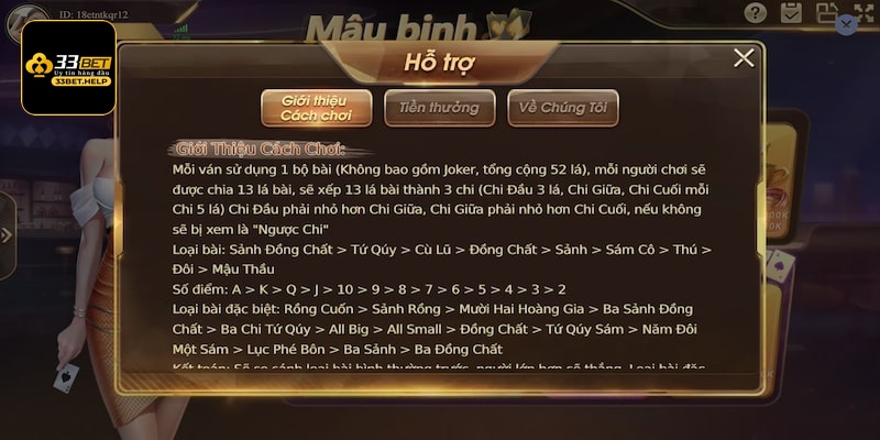 Hướng dẫn tham gia Mậu Binh 33bet chi tiết